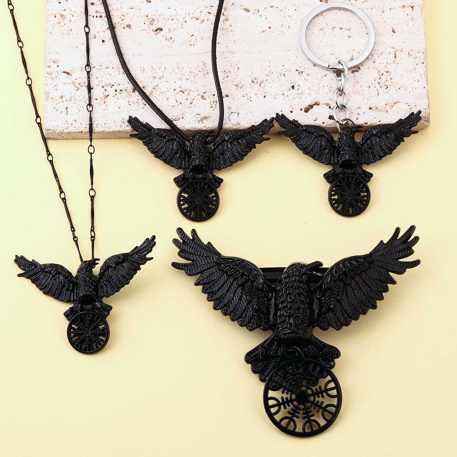 Compass Keychain Mini - Vintage Viking Black Crow Ketting Odin